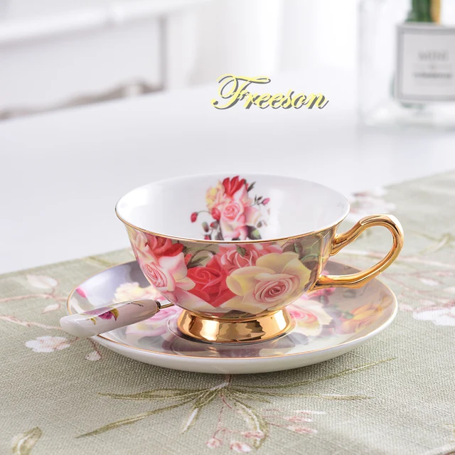 $US $14.39 Vintage Rose Bone China Tea Cup Saucer Spoon Set 200ml Advanced Porcelain Coffee Cup British Cafe A