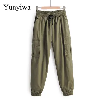 

Safari Women High Waist Pocket Patch Casual Binding Feet Straight Pants Autumn Ladies Chic Leisure Elastic Waist Trousers