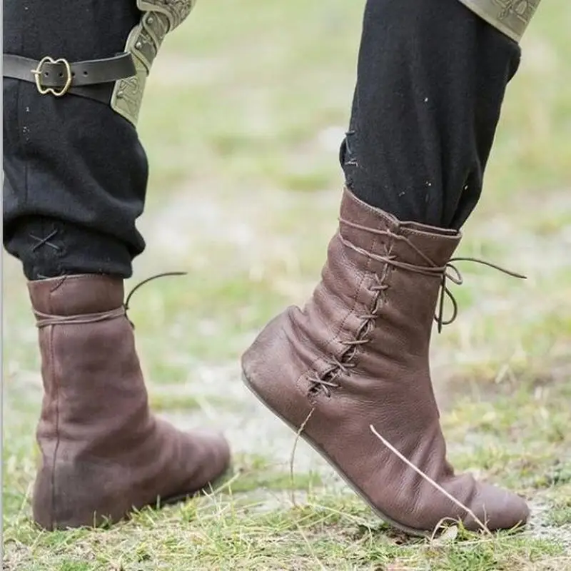 

Men mid-calf boots lace up flats matin shoes male man shoe men's vintage PU leather booties sapato feminino chaussure M0018