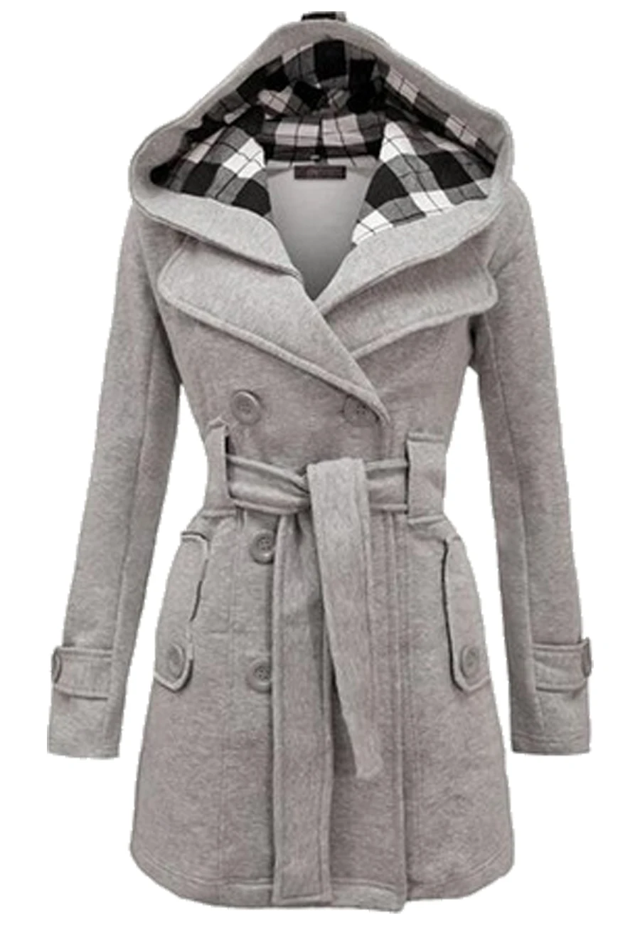 YMING для женщин Wnter двубортный горошек с длинным рукавом пальто средней длины Верхняя одежда Тренч Шахматное пальто с капюшоном