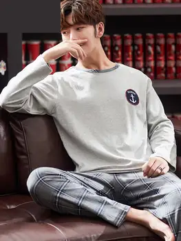 

New Fashion High Quality Spring Autumn Men 100% Cotton Pajamas Long Sleeve Youth Summer O-neck Elastic Waist Size MLXL2XL3XL