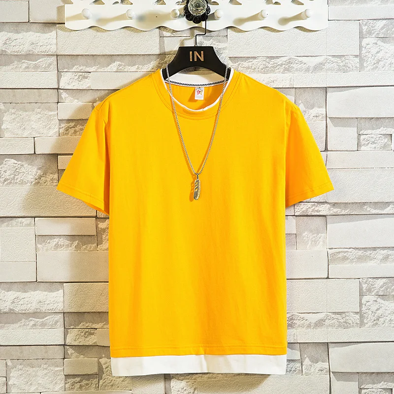 

2020 Men Summer New Style Mock Two-Piece Short Sleeve T-shirt Teenager Trend Crew Neck Solid Color Loose-Fit T-shirt