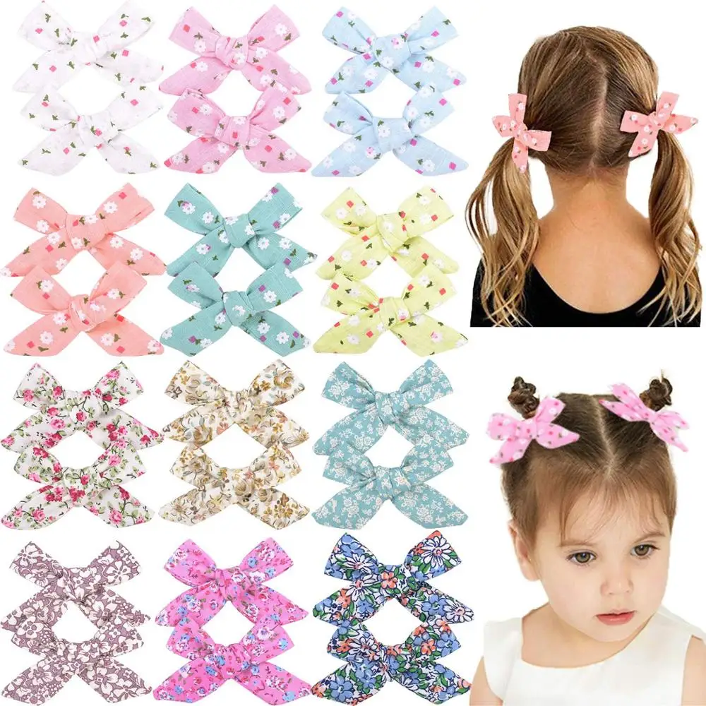 24 шт. комплект из льняной ткани с бантиком для волос девочек цветочный принт