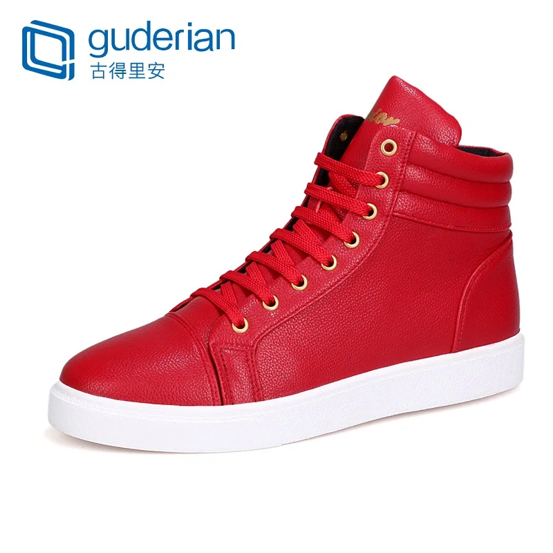 Брендовая мужская повседневная обувь; высокие кроссовки; модная кожаная обувь для мужчин; дышащая обувь на плоской подошве со шнуровкой; Chaussures Homme Cuir - Цвет: Красный