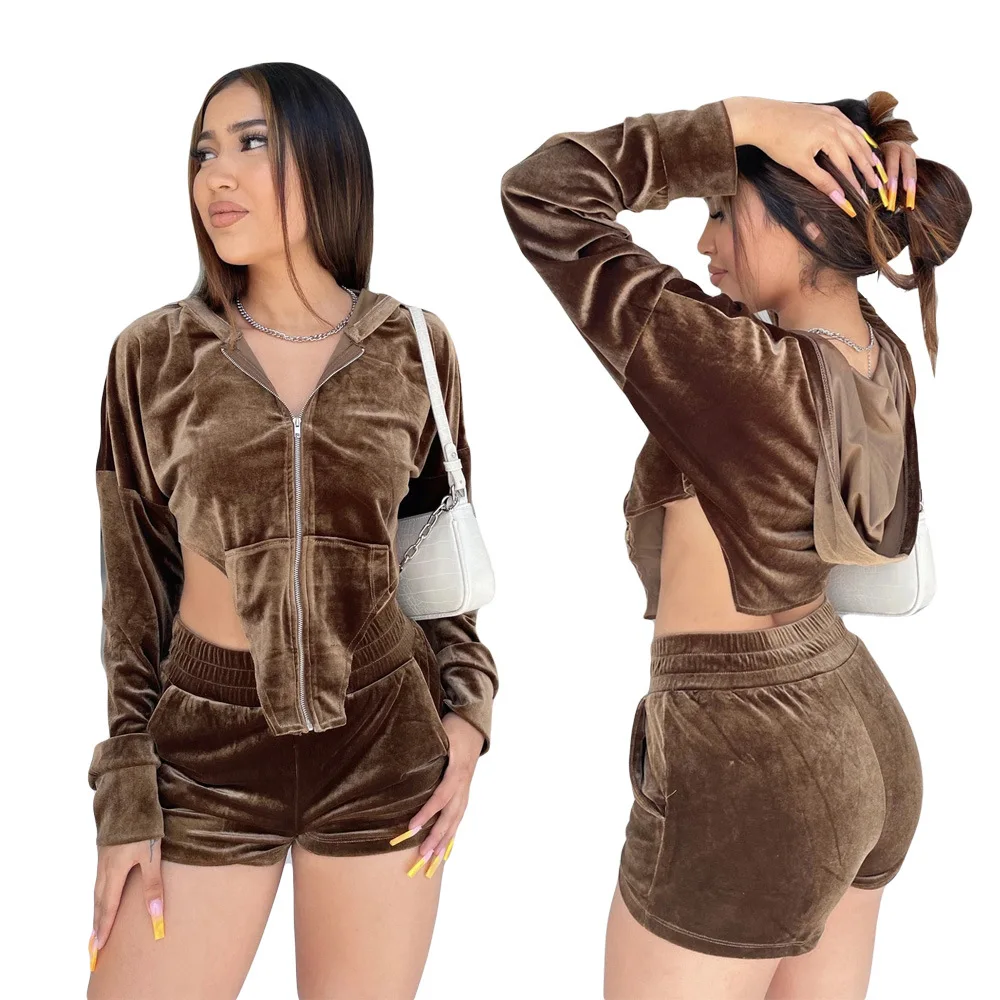 Casual Shorts Suit Women Irregular Zipper Hooded Sweater + Shorts Sports Suit 2021 European American New Velvet Sportswear S-XL