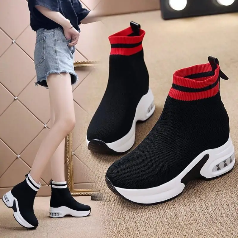 

CINESSD Knitting Casual Shoes Women High Heel Sneakers Women New 2020 Spring Platform Sneakers Ladies Wedge Shoes Woman Slip On