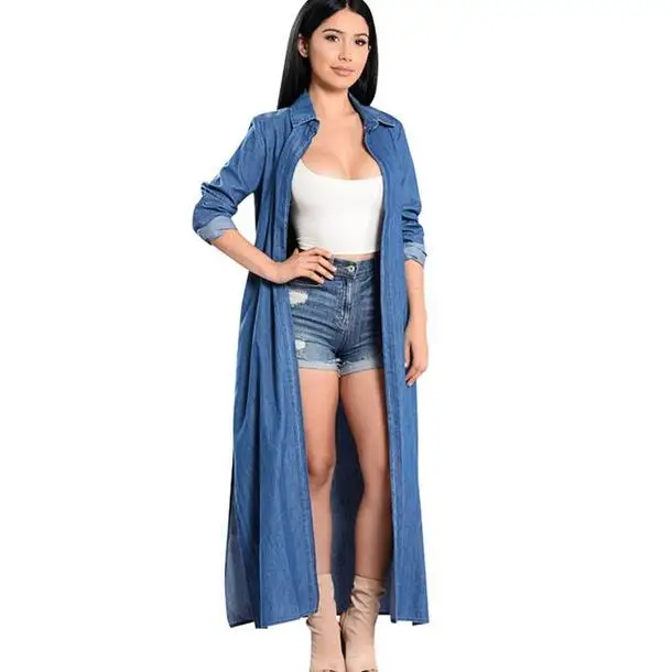 Женский джинсовый Кардиган с длинным рукавом длинная рубашка кимоно свободного