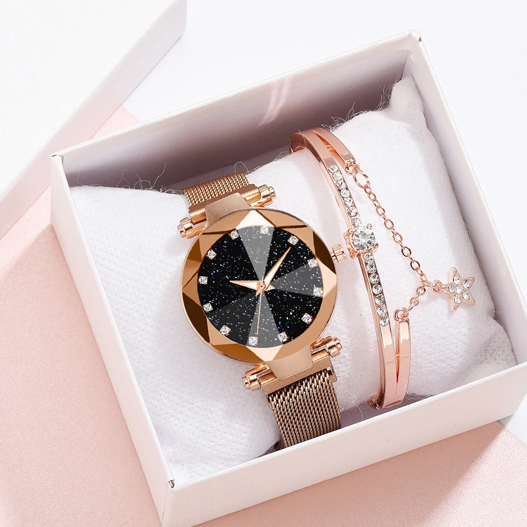 

2pcs Bracelet Watch Set Fashion Luxury Stainless Steel Magnetic Buckle Watches Women Refractive Surface Ladies Quartz Watch