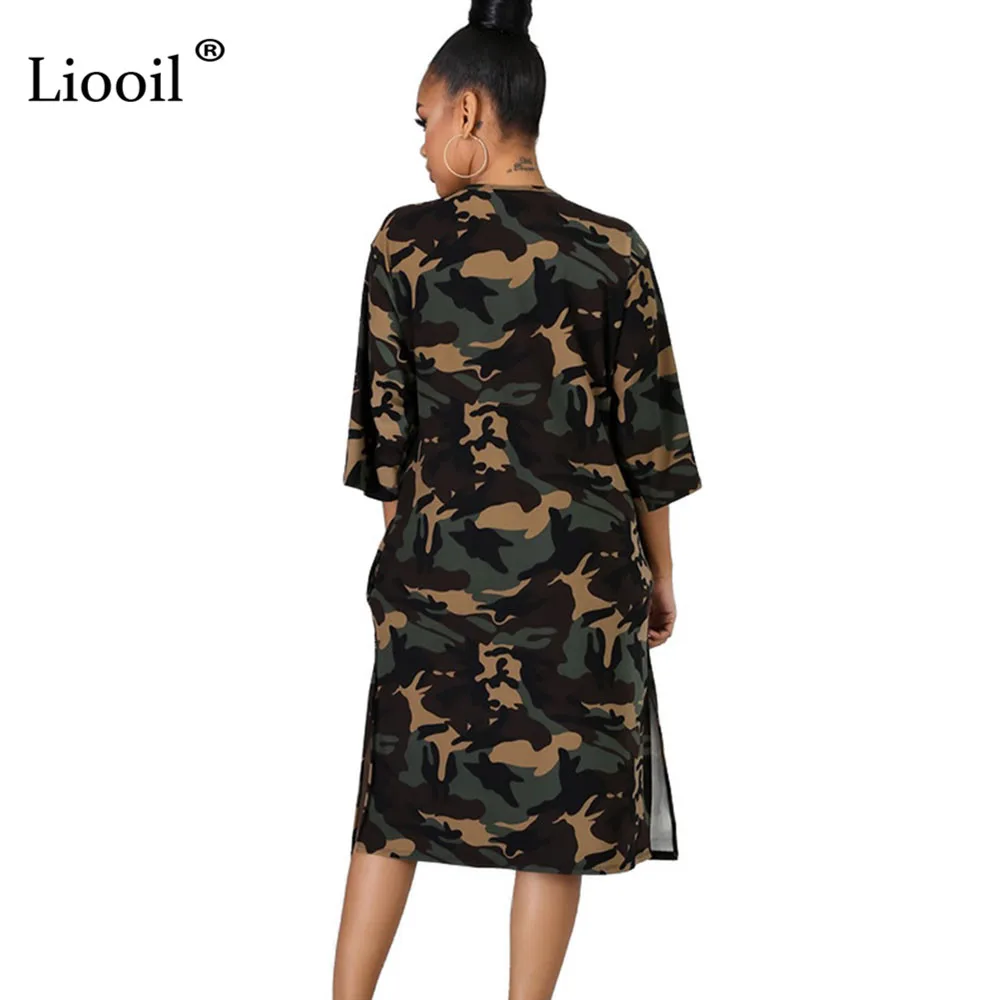 Liooil, камуфляжное, с буквенным принтом, сексуальное, с разрезом, миди, с карманами,, уличная одежда, с круглым вырезом, свободные платья, женские, вечерние, для ночного клуба
