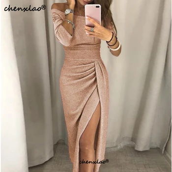

Champagne Sequin Evening Dresses High Split Boat Neck Pleat Robe De Soiree Half Sleeves Special Occasion Luxury Party Gowns