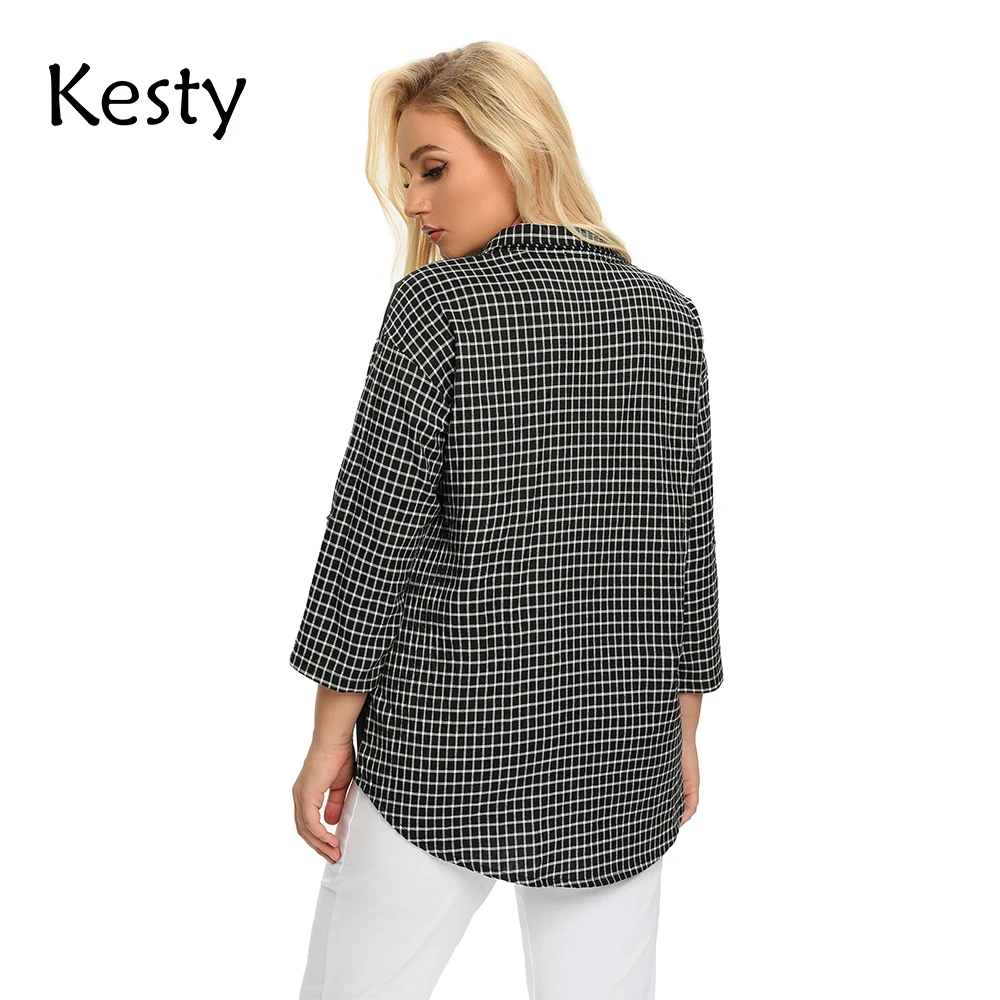 KESTY Women's Plus Size Spring Cotton Plaid Shirt Printed Cat Pattern Lapel 3/4 Sleeve Casual Top