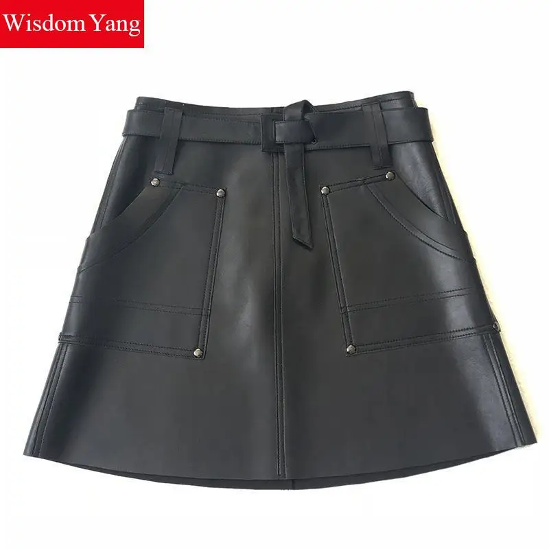 Black Coffee Real Sheep Skin Genuine Leather Skirt High Waisted Skirts Women Belt Casual England Party Ladies Aline Mini Clothes