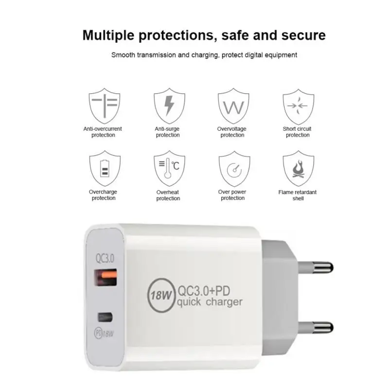 PD Charger 18W Dual Port PD+QC3.0 Specification Dual-head Fast Charge Plug | Мобильные телефоны и аксессуары