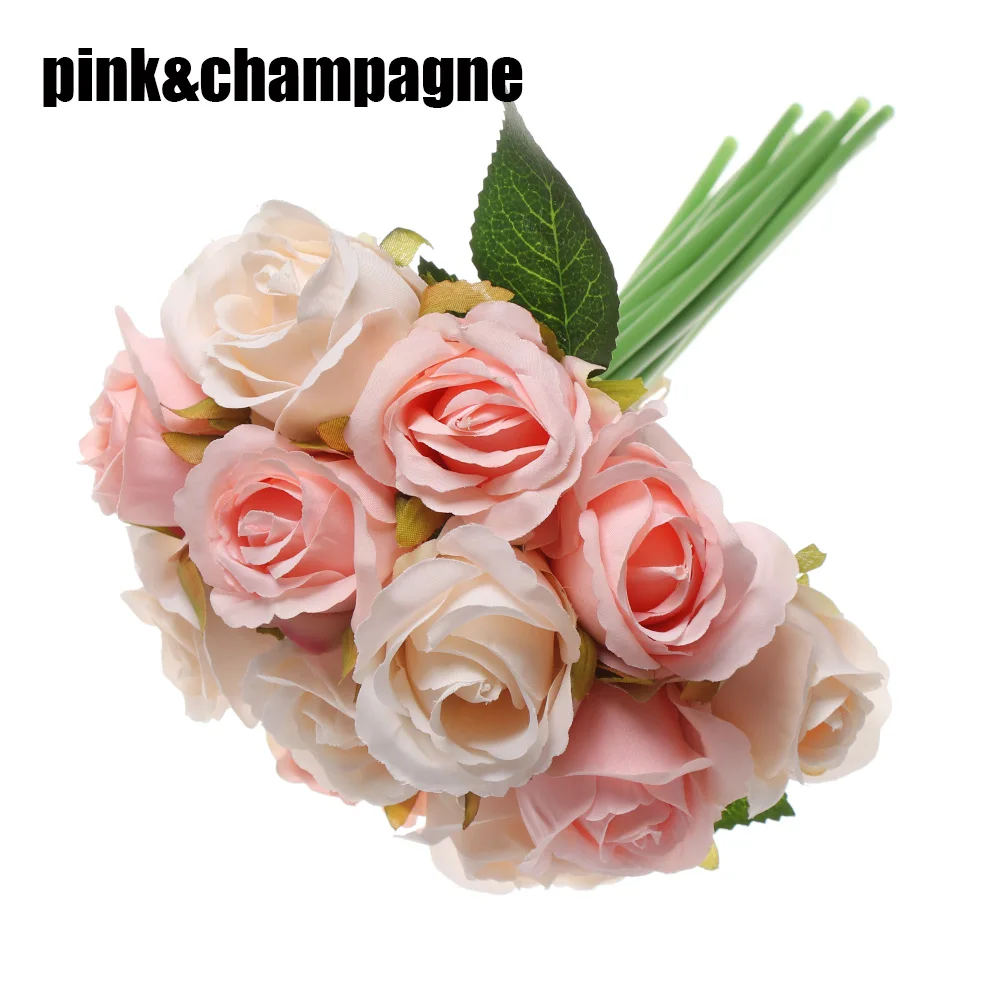 pink and champagne 12 шт. искусственная Роза ручной работы букет декоративные шелковые цветы невесты букеты для свадебные принадлежности вечерние украшения дома - Цвет: pink and champagne