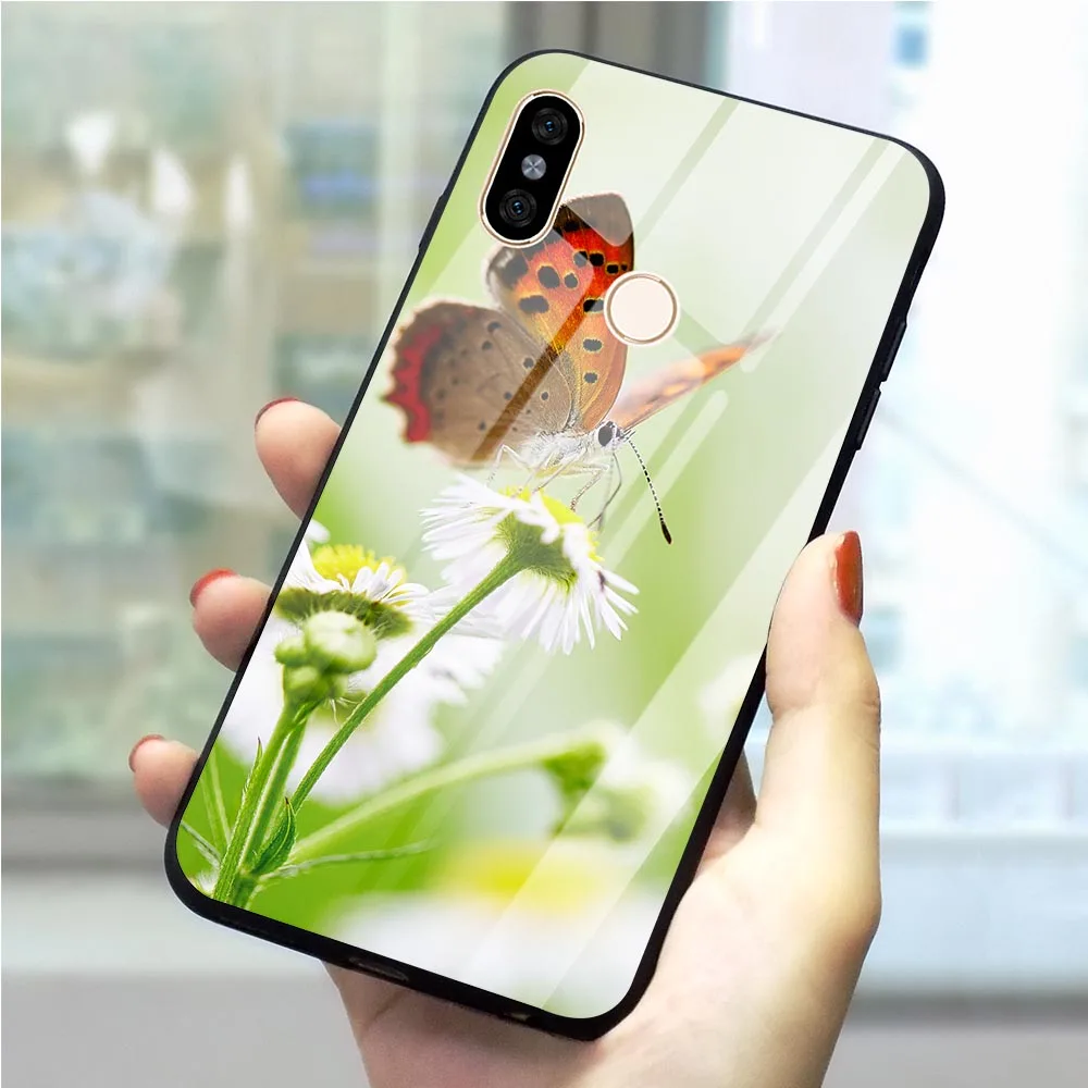 Бабочка и зеленых листьев чехол из закаленного стекла для телефона для Xiaomi Pocophone F1 Redmi 6A Note5 6 Pro 7 A1 A2 8 Lite 9 Pocophone 4X