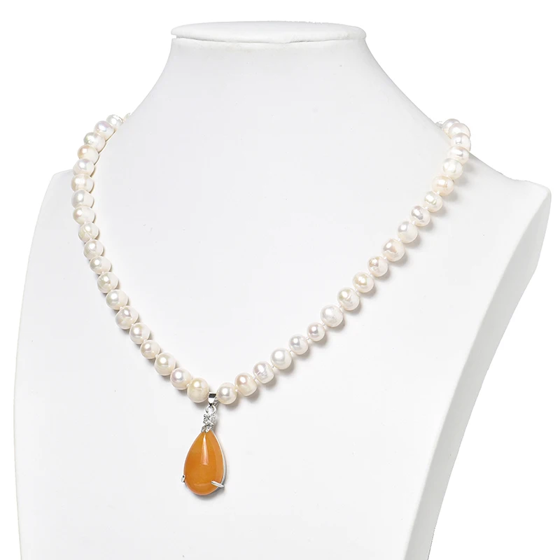 

8-9mm Natural White Pearls and Round Yellow Beads with Water Drop Shape 17x26x8mm Pendant For Pearls Necklace 18inch H510