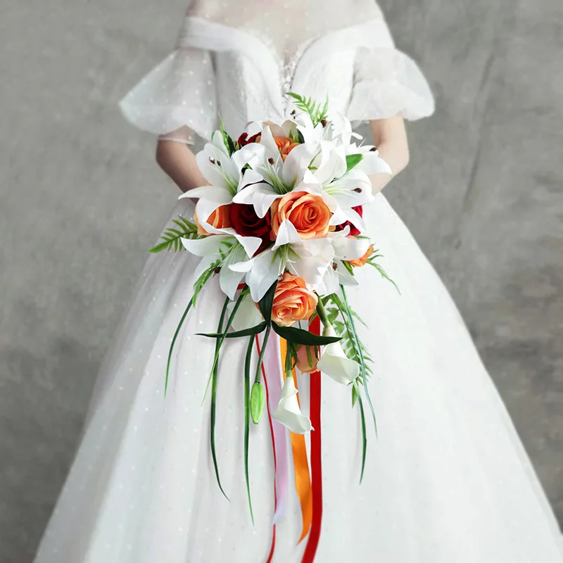 23 Piece Package Orange White Calla Lily Cascade Silk Wedding Bridal Bouquet 