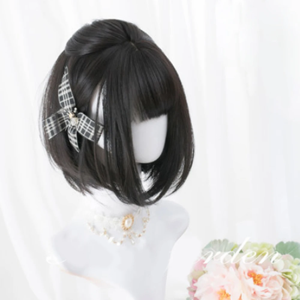 Косплей микс Харадзюку Лолита прямой с челкой БОБО Косплей синтетический парик+ Кепка - Цвет: black 30 CM wig