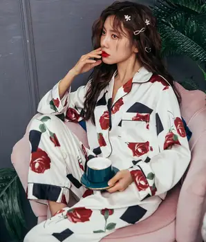 

Korea Style Two Pieces Pants+Tops Sleepwear Pajama Sets Women Long Sleeve Casual Floral Printed Women Pyjamas Pizama Damska
