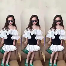 Платье для девочек детское платье в стиле пэчворк с оборками и открытым плечом модное платье детская одежда