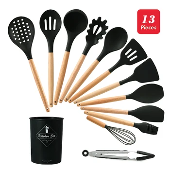 

13 Pcs Kitchen Silicone Cookware Set Silicone Cookware Nonstick Spatula Wooden Handle with Storage Box Cooking Tools
