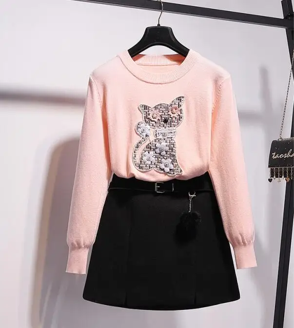 Sweater and skirt Новейший комплект из 2 предметов: женский свитер с вышитым бисером милым котом, вязаные топы с круглым вырезом и подвеской в виде шарика для волос, мини шерстяная юбка, костюм - Цвет: Sweater and skirt