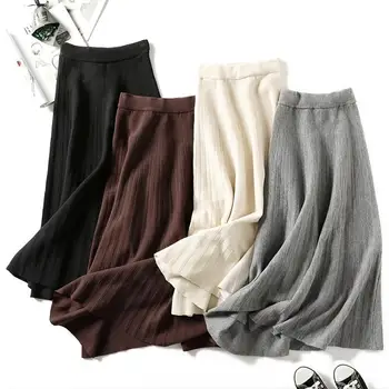 

Women Autumn Casual Warm Knitted Long Skirt Sweater Stripe Empire A-Line Maxi Skirts Female Bottoms Midi Swing Skirts