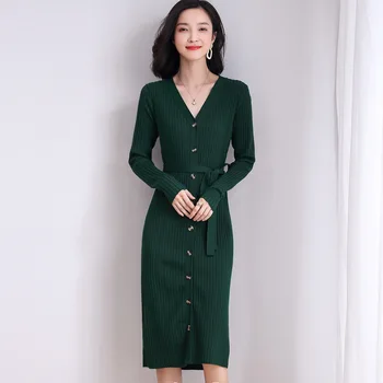 

ways is long cardigan over-the-knee dresses autumn new fund closed show thin waist single-breasted sweater dress