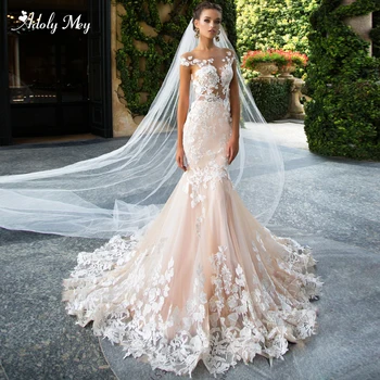 

Adoly Mey Glamorous Appliques Court Train Mermaid Wedding Dresses 2020 Charming Scoop Neck Backless Trumpet Bride Gown Plus Size