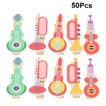 

50pcs Musical Instrument Shape Clips Chic Wooden Card Paper Photo Holder Cute Picture Clips for Home Bedroom with Hemp Rope