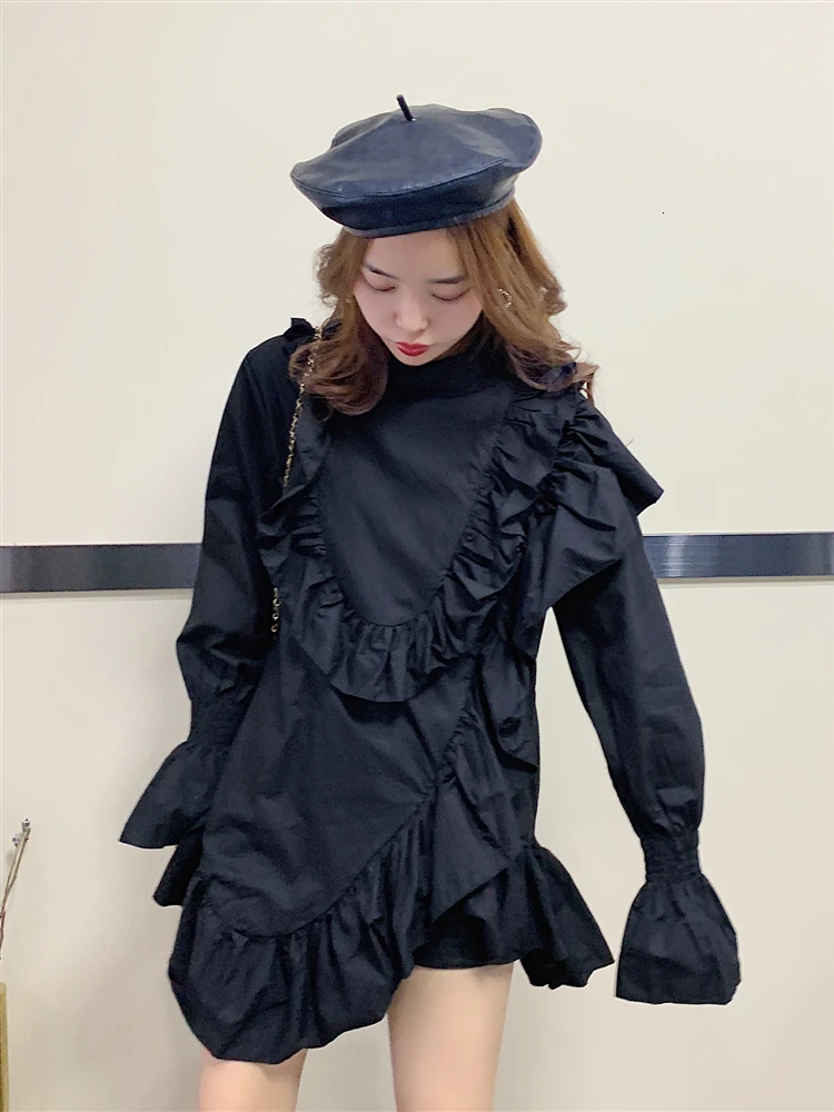DEAT осеннее длинное Расклешенное мини-платье с круглым вырезом и оборками свободного кроя в японском стиле черного цвета, короткое платье MG702