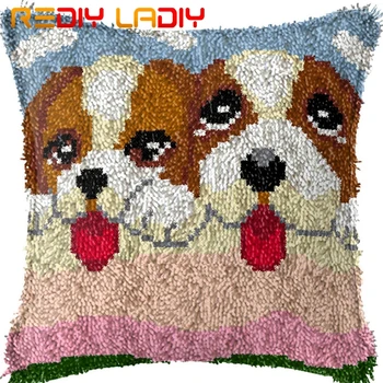 

Latch Hook Cushion Two Puppies Dog Pillow Case Pre-Printed Color Canvas Acrylic Yarn Latched Pillow Crochet Cushion Cover Crafts