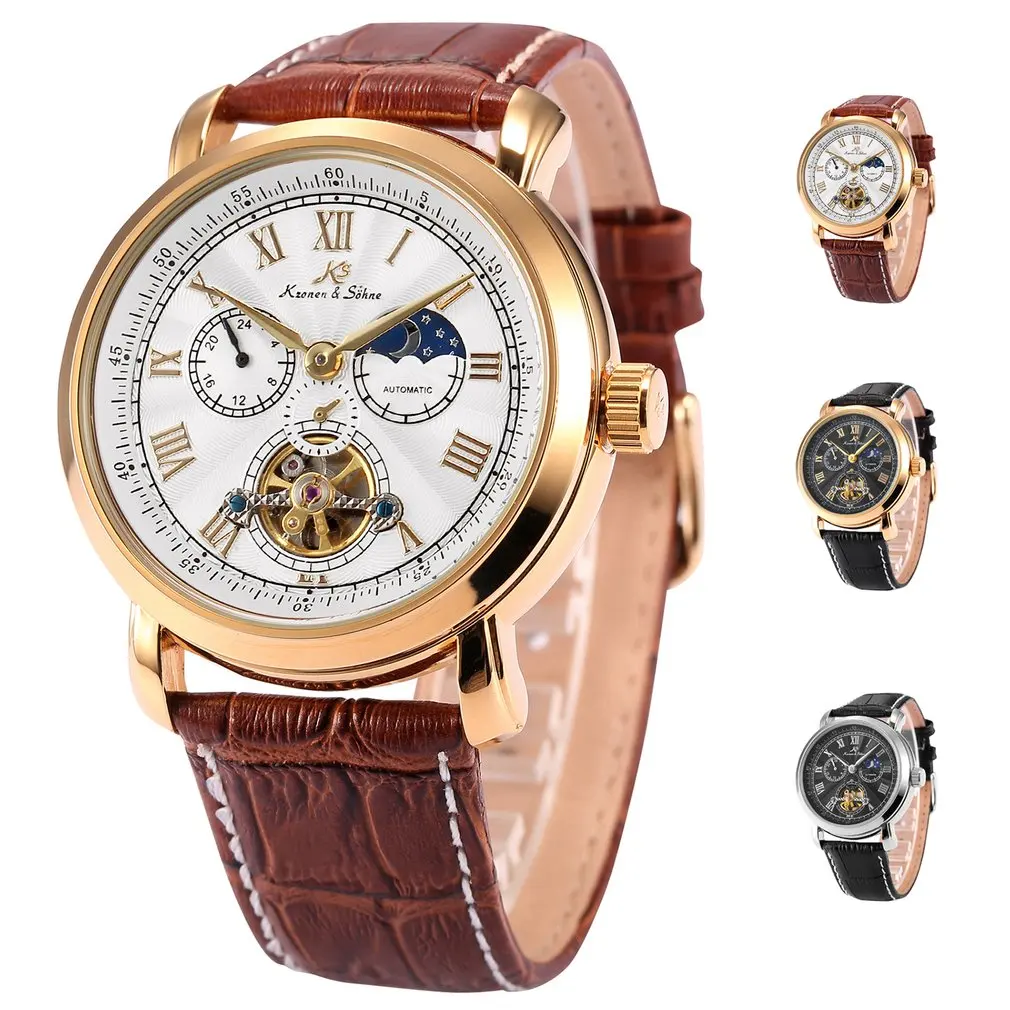 

KS Brand Navigator Series Automatic Mechanical Self Wind Watch Tourbillion Silver Dial Black Leather Strap Men Watch/ KS222 Hot