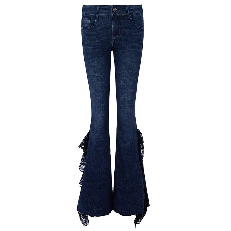 Новые модные женские туфли осенние длинные расклешенные брюки джинсы Boot Cut размера плюс 25-30 брюки на лямках для высоких Для женщин синий кружевное платье