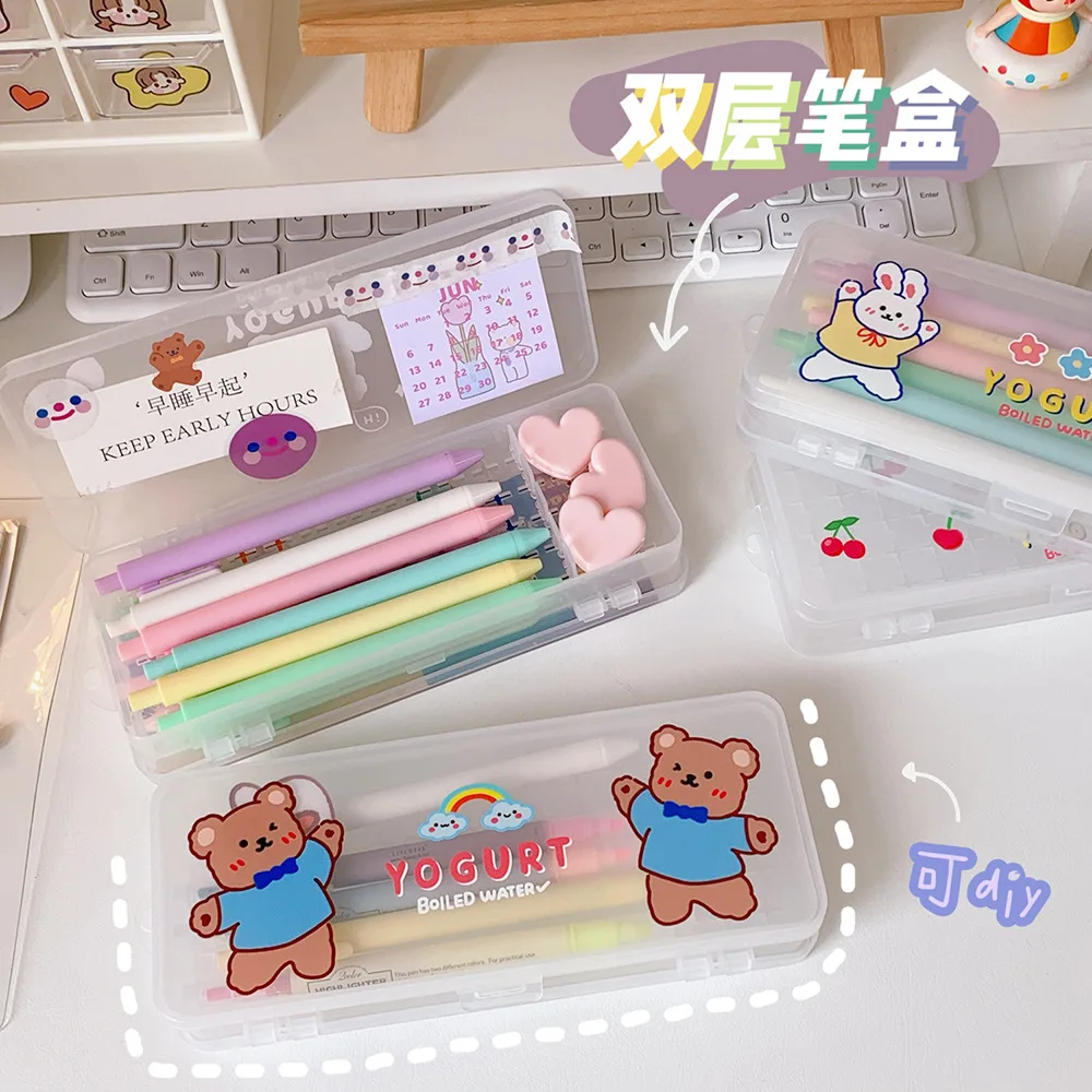 

South Korea INS Double Layer Transparent Dull Polish Pen Students Simple bei europfine Stationery Pencil Case Mass Pencil Case