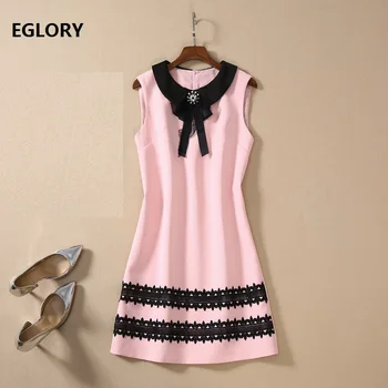 

Sweet Cute Dress 2020 Spring Summer Ladies Peter Pan Collar Beading Bow Deco Sleeveless Pink Black Slim Fitted Dress Above Knee