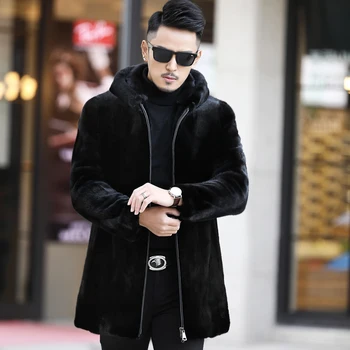 

2019 Real Mink Fur Men Coat Winter Warm New Fashion Hooded Natural Mink Fur Black Jackets Men High Quality