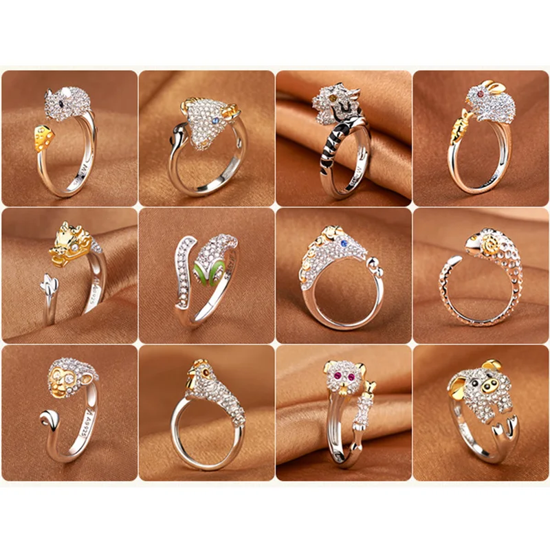 

Lovely Animal Mouse Dog Pig Rabbit Monkey Shape Inlaid Crystal Rings Silver Women Girl Opening Ring Wedding Party Jewelry