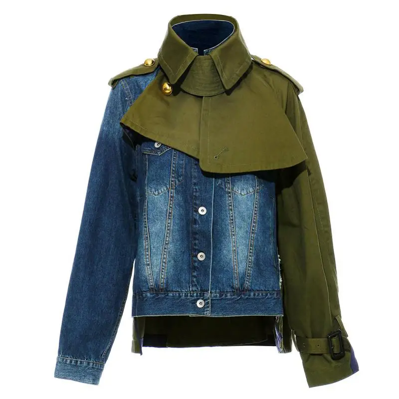 

GetSpring Women Coat Jean Stitching Womens Jackets Irregular Ladies Denim Jackets Asymmetry Long Sleeve Women Outerwears Autumn