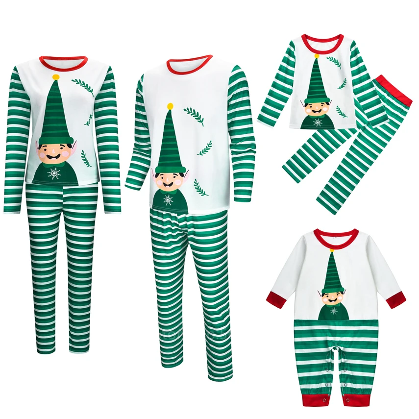 

Christmas Pajamas Family Matching Outfits Green Print Stripe Xmas Tree Mother and Daughter Sleepwear New Year Clothes+Pant Set