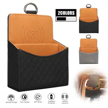 

Auto Vent Outlet Trash Box PU Leather Car Mobile Phone Holder Storage Bag Organizer Automobile Hanging Box Wireless Fast Charger