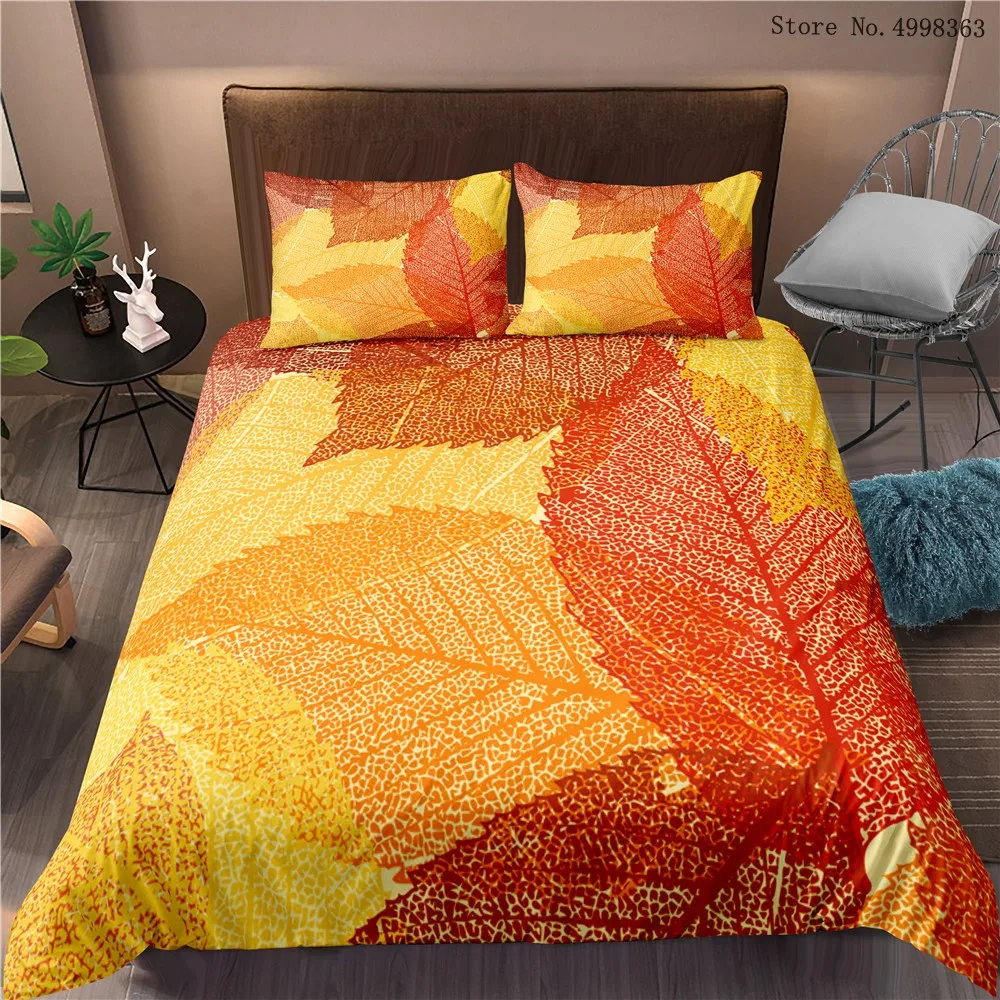 Teens Gift Bedding Set Golden Autumn Duvet Cover Leaves Print Natural View Bed Pillowcase 2/3 Piece Single Double King | Дом и сад