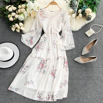

Women Printing V-collar Flare Sleeve High Waist Thin Casual Dress Lady Elegant Vintage Vestidos F976
