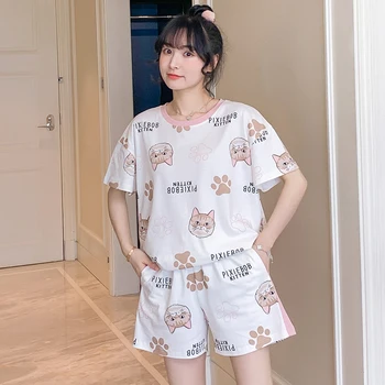

Loose Home Wear Print Pajamas Set Women Summer 2PCS Sleepwear Female Cotton Sleep Set Short Sleeve Home Clothes