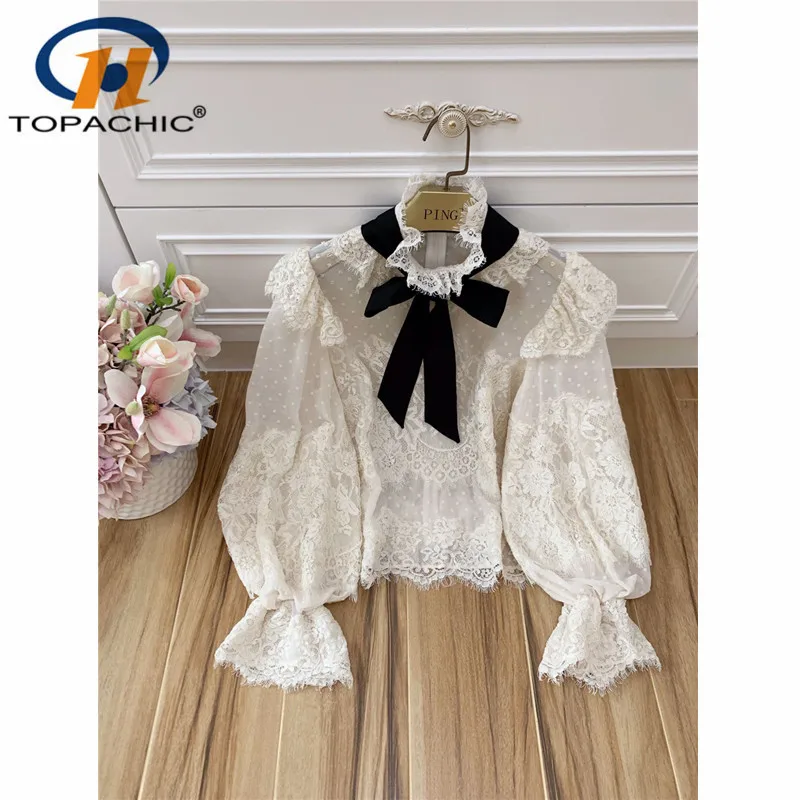 

9.24 Autumn Designer Blouses Women's High End Puff Sleeve Stand Collar Lace Embroidery Crochet Polka Dot Boutique Top