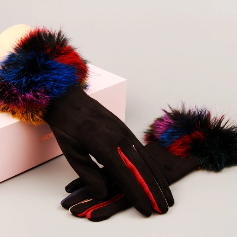 Элегантные женские перчатки роскошные меховые перчатки с сенсорным экраном Зимние Замшевые Кожаные теплые варежки женские уличные перчатки для вождения luvas - Цвет: Черный
