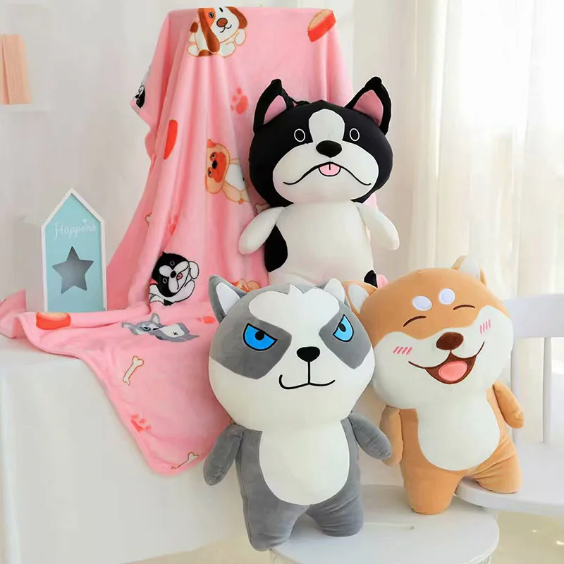 

cute dog plush toy with blanket Bulldog husky Shiba Inu 2 in 1 plush pillow cushion stuffed animal soft doll kids toys