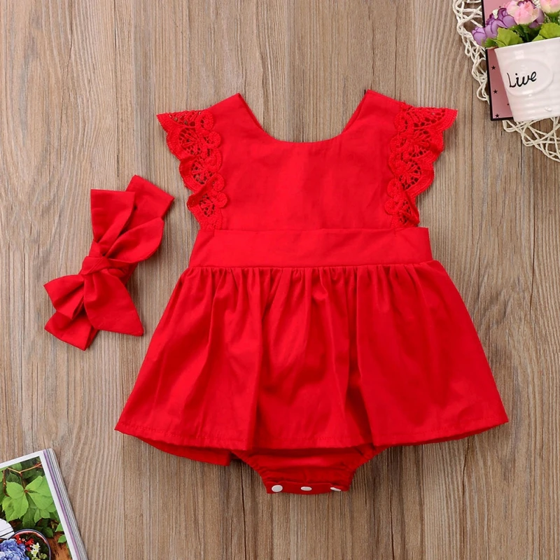

Summer Newborn Baby Girls Bodysuit Dress Sleeveless Cotton Lace Jumpsuit Bow Hair Band Red Clothes Set for Girl 2020