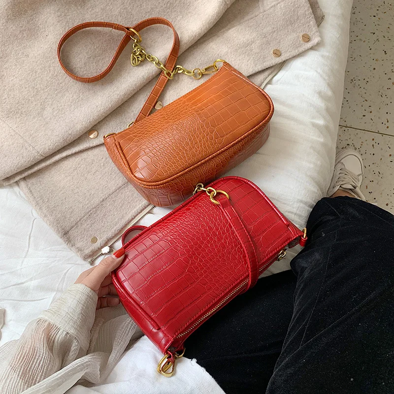 

2019 Autumn & Winter New Style WOMEN'S Bag Korean-style Delicacy Crocodile Pattern Solid Color Shoulder Bag Simple Selenodont Ba