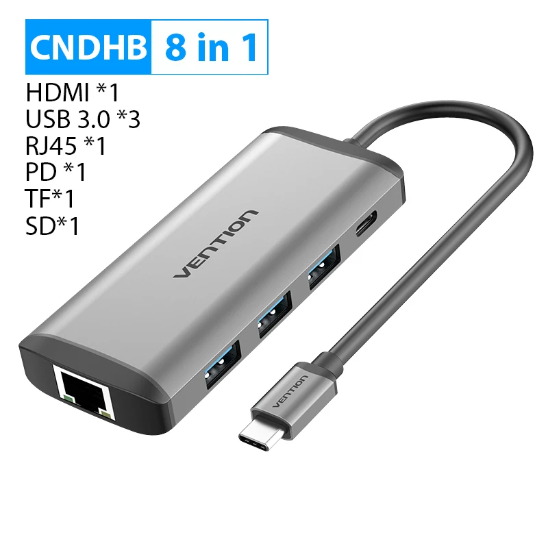Vention USB C концентратор док-станция все в одном type C к Мульти USB 3,0 HDMI адаптер для MacBook Pro 13 Air USB-C 3,1 разветвитель порт type-C концентратор - Цвет: CND 8 IN 1 Gray